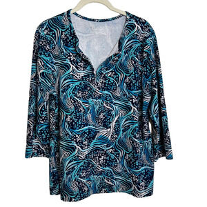 Kim Rogers Womens Tee Large Blue Abstract Print 100% Cotton 3/4 Length Sleeves